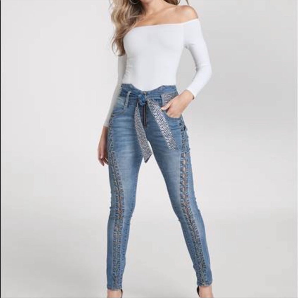 Venus Lace-Up Tie BLUE Jeans with Belt Size 6 used